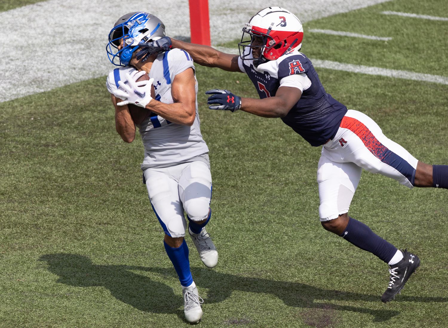 Apr 2, 2023; Houston, TX, USA; St. Louis Battlehawks wide receiver Darrius Shepherd (11) catches a touchdown pass against the Houston Roughnecks defensive back Ajene Harris (3) in the fourth quarter at TDECU Stadium. Mandatory Credit: Thomas Shea-USA TODAY Sports  